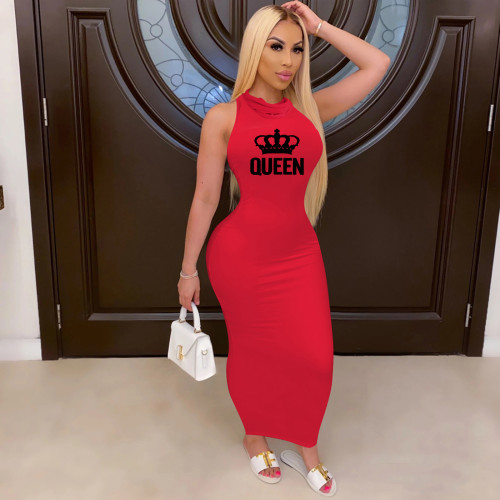 Casual Red Crown Printed Sleeveless Nightclub Maxi Dress