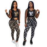 Women Net Yarn Three Piece Temperament Printed Vest Outerwear and Trousers