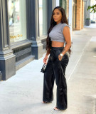 Women's Faux Leather Wide Leg Pants Vintage High Waist PU Leather Palazzo Pants
