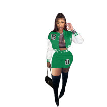 Green/White Air Layer Letter Print Women Fall Two Piece Set Sweatshirt Crop Jacket Top Shorts Sports Baseball Uniform