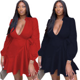 Red Deep V Ruffled Hem Solid Bandage Long Sleeve Mini Dress