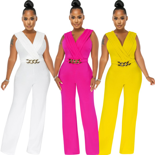 Elegant Sleeveless V Neck Pleated Bust Gold Link Jumpsuit