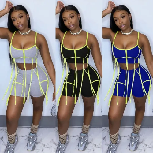 Fashion Splicing Straps Crop Top Short Two-piece Set