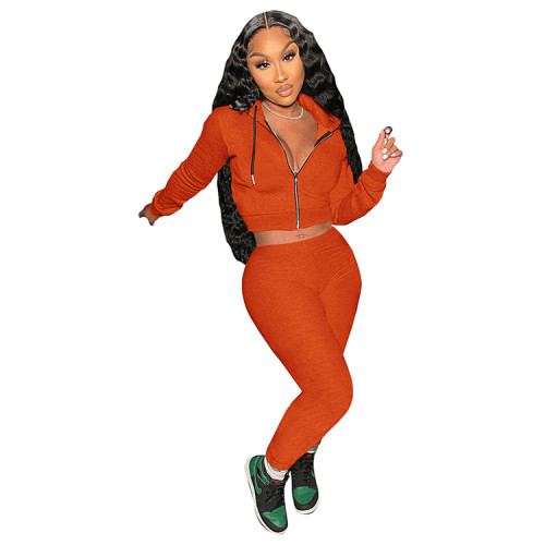 Autumn Solid Color Orange Hooded Sweatsuit Sportswear Pant Set