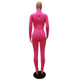 Solid Turtleneck Long Sleeve Bodycon Bodysuit Sports Elasticity Two Piece Pant Set