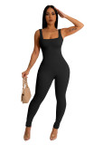 Solid Color Ribbed Sleeveless Square Neck Backless Tank Jumpsuit