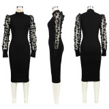 Mesh Sleeve Pit Mock Neck Midi Dress