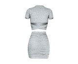 Solid Color Pleated Hollow Stacked Two Piece Skirt Set