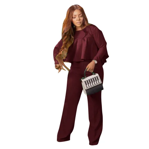 Autumn Solid Wine Red High-Low Top & Pants Set