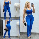 Solid Color Straps Crop Top and Trousers with Side Slit