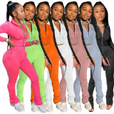 Solid Color Turn-down Neck Sports 2 Piece Set