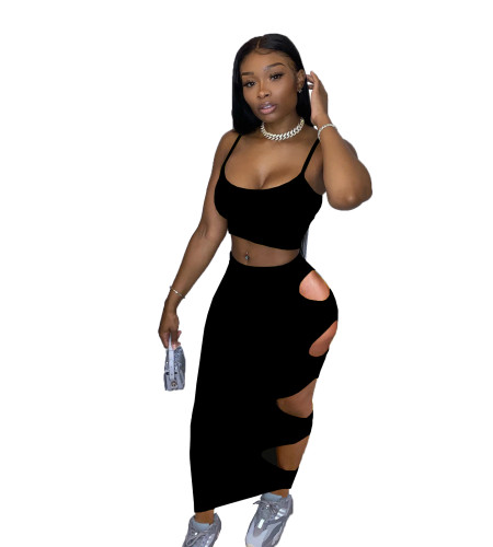 Solid Color Straps Crop Top and Holes Long Skirt