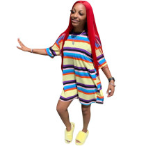 Casual Rainbow Stripe Stitching Printed Dress
