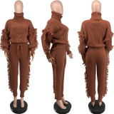 Solid Color Fashion Knit High Neck Tassel Sweater Pant Set