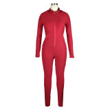 Red Jacquard Pineapple Stand-up Collar Zipper Two Piece Women Clothing Sets without Mask