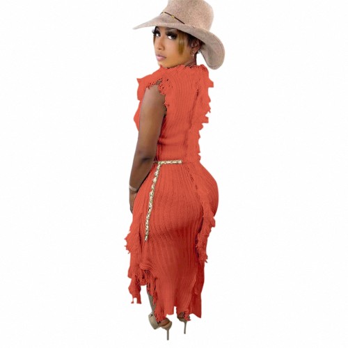 Casual Orange Knitted Edge Distressed Tassels Sleeveless Dress