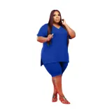 Solid Color Plus Size V Neck Short Set