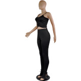 Solid Color Straps Crop Top and Trousers with Side Slit