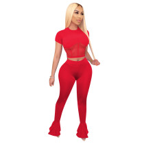 Solid Color Mesh Splicing Flared Pants Set
