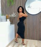 Black Solid Color Hollow Strapless Mid Dress