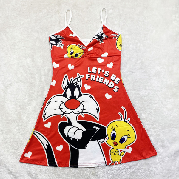 Sexy Loungewear Summer Cartoon Pattern Printed Spaghetti Strap Homewear Dress