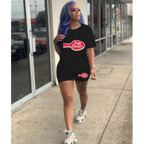 Women Tracksuits Outfit Casual Solid Color Graphic Print Short Sleeve Shorts Two-Piece Set