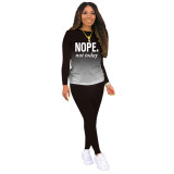 Black Casual Letter Printed Gradient Two Piece Women Pant Set