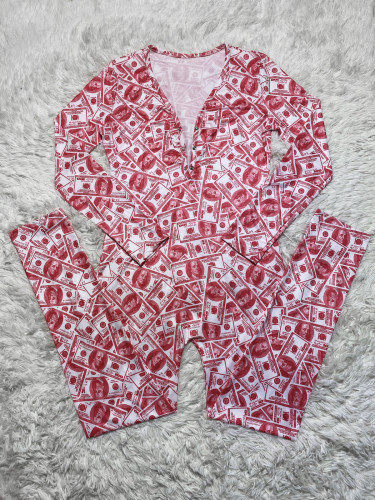 Casual Pattern Printed V Neck Home Jumpsuit