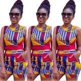 Casual Print Sleeveless Crop Top Short Set