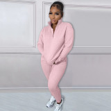 Casual High Neck Long Sleeve Zippered Solid Color Sweatshirt 2 Pieces with Pockets