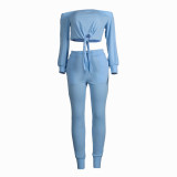 Solid Color Cotton Blended Women Light Blue Off The Shoulder Crop Top Pant Set