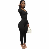 Solid Color Black Spring Thin V Neck Pleated One Piece Jumpsuit