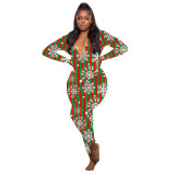 Casual Christmas Printed Long Sleeve Trousers Homewear Jumpsuit