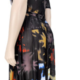 Summer Plus Size Women Print Puffed Short Sleeve Sexy Mesh Long Dress
