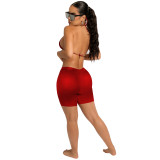 Red Solid Color Stretch PU Bra Shorts Set Two Pieces