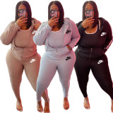 Solid Plus Size Grey Printed Letter Zipper Hoodie Sweatpant Set with Pockets