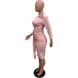 Plain Bandage Ruched Slant Neck Midi Dress