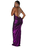 Solid Color Deep V Halter Stacked Maxi Dresses