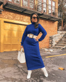 Solid Color Sweater Women High Neck Knit Long Dress without Belt