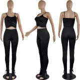 Solid Color Straps Crop Top and Trousers with Side Slit
