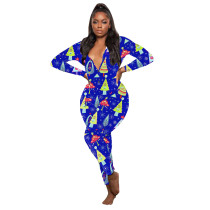 Casual Christmas Printed Long Sleeve Trousers Homewear Jumpsuit