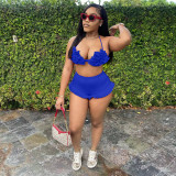 Royal Blue Sexy Halter Backless Bra Ruffled Shorts Summer Set