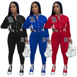 Women Workout 2 Piece Outfits Button Down Color Block Patchwork Jackets Bodycon Long Pants Tracksuit