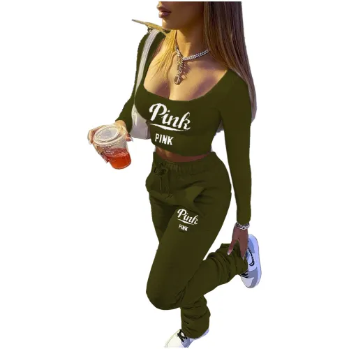 Army Green Casual Printed Letter Stacked Sweatpants Set Women Casual Jogger Trousers Thick Warm Ruched Two Pieces