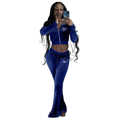Solid Blue Velvet Embroidered Letters Tracksuit Long Sleeve Zipper 2 Piece Pants Set