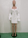 Autumn White Square Neck Puff Sleeve Lace-up Mini Dress For Women