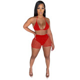 Summer Red Beachwear Sexy Mesh Sequined Two Piece Short Set