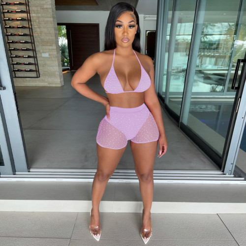 Summer Purple Beachwear Sexy Mesh Sequined Two Piece Short Set