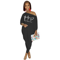 Casual Black Printed Letter Skew Neck Asymmetric Hem Two Piece Lounge Wear Sets