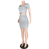 Solid Color Pleated Hollow Stacked Two Piece Skirt Set
